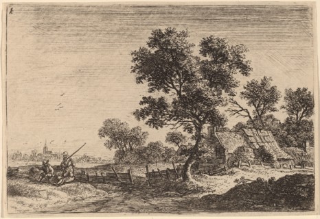 Three Peasants on a Knoll outside a Hamlet. Creator: Anthonie Waterloo.