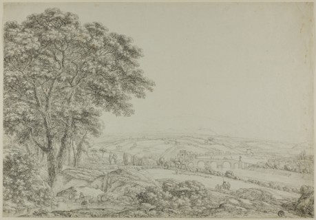 Wooded Pond with Bathing Figures, Vista of River Bridge, and Farms, n.d.