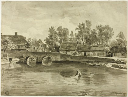 Man Fishing in River Near Village, 1832. Creator: Jan Baptiste de Jonghe.