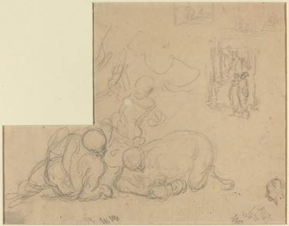 Sheet of Studies with Two Large Men on the Ground. Creator: Honore Daumier.