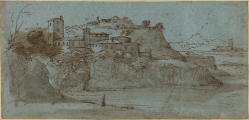 Village atop a River Cliff [recto]. Creator: Master of the Blue Landscapes.