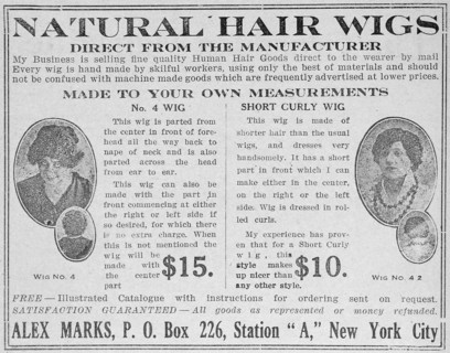 Natural hair wigs; Direct from the manufacturer, 1918-1922. Creator: Unknown.
