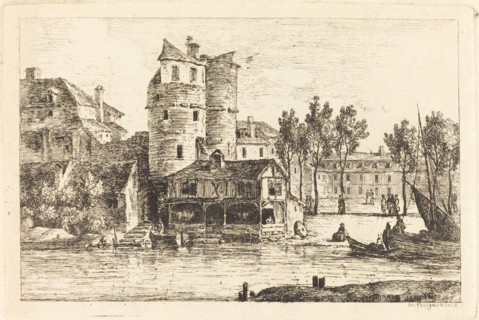 Town on a River Bank with Two Round Towers, c. 1770. Creator: Nicolas Perignon.