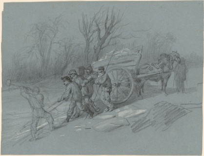 Workmen Gathering Ice at the Water's Edge, c. 1850. Creator: Hippolyte Lalaisse.