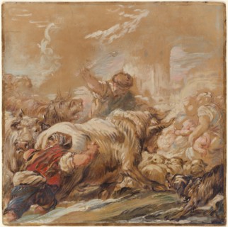 Herdsmen Driving Cattle across a Stream, c. 1760. Creator: Jean-Baptiste Deshays.