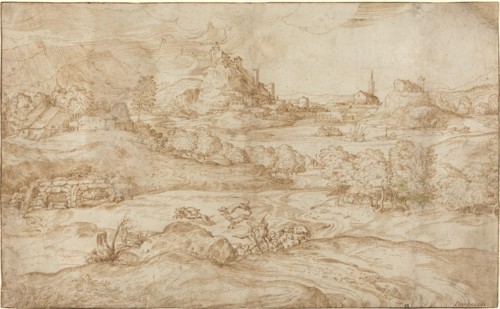 Landscape with Shepherds Driving Away a Wolf, c. 1540. Creator: Domenico Campagnola.
