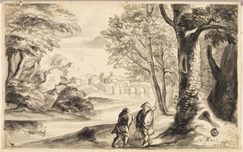 Two Travelers under Tree with Village and Bridge in Distance, 1707. Creator: Unknown.