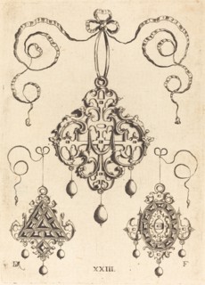 Three Strapwork Pendants, The Lower Ones Triangular and Oval. Creator: Daniel Mignot.