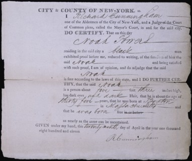 Freedom paper for Noah Powers, an African-American man, 1811-04-29.  Creator: Unknown.