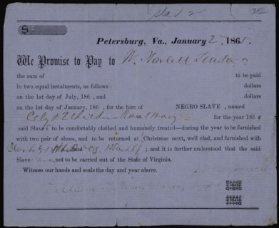 Promissory note for hire of slave Cely and two children, 1865-01-02. Creator: Unknown.