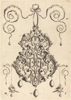 Strapwork Pendant with Two Birds as Earrings at Left and Right. Creator: Daniel Mignot.