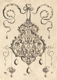 Strapwork Pendant with Two Swans as Earrings at Left and Right. Creator: Daniel Mignot.