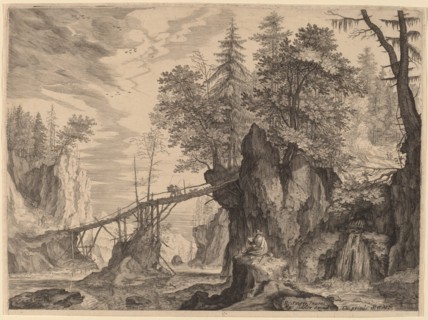 Draughtsman on a Stone before a Bridge, probably c. 1609. Creator: Aegidius Sadeler II.