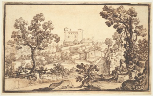 Landscape with a Man Resting, Farm Houses, and a Castle. Creator: Remigio Cantagallina.