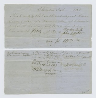 Certification of witnesses that Laurens was worth $2,000, 1863-04-06. Creator: Unknown.