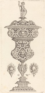 Goblet with lid surmounted by a Roman soldier, published 1579. Creator: Georg Wechter I.