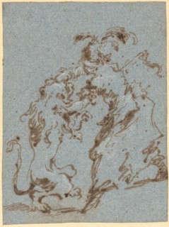 An Elegantly Dressed Woman Struggling with a Lion, 1780/1785. Creator: Francesco Guardi.