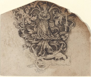 Gothic Ornament with a Lady and a Parrot, c. 1495. Creator: Master of the Strache Altar.