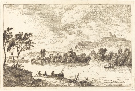 River Landscape with Figures and a Boat at Water's Edge, 1768. Creator: Nicolas Perignon.