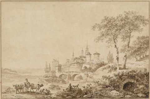 Shepherds in a Landscape before a Fortified Town, 1777. Creator: Jean Baptiste Le Prince.