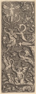 Ornament with a Cupid, a Satyr, and Grotesque Figures. Creator: Master of the Horse Heads.