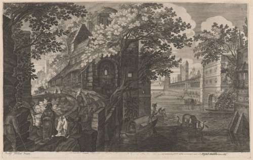 Gondolas on a River by a Palace, 1600/1615. Creators: Aegidius Sadeler II, Pieter Stevens.