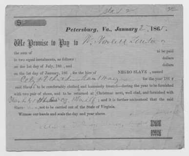 Petersburg, VA- We promise to pay W. Howlett...for slave..., 1865-01-02. Creator: Unknown.