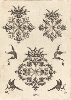 Three Brooches with Fantasy Birds at Left, Right, and Bottom, 1596. Creator: Daniel Mignot.