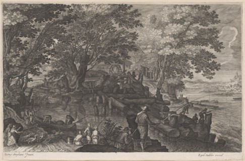 Fishermen by an Island Watermill, 1610/1615. Creators: Aegidius Sadeler II, Pieter Stevens.