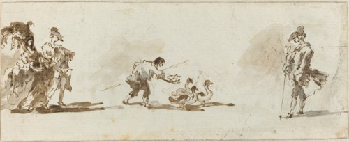 An Elegant Couple, a Gooseboy, and a Gentleman [recto], c. 1780. Creator: Francesco Guardi.