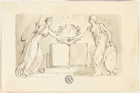 Two Allegorical Female Figures Clasping Hands before Book, 1830/34. Creator: Thomas Stothard.