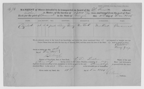Manifest of Slaves intended to be transported on board the Knoxville...1855. Creator: Unknown.