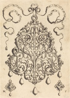 Large Strapwork Pendant with Two Hangers as Earrings at Left and Right. Creator: Daniel Mignot.