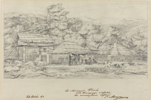 Greniers indigenes et habitations a Akaroa, presqu'Ile de Banks, 1860. Creator: Charles Meryon.