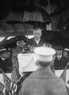 Flag Day - Wilson Making Address in Rain. Lansing 2nd from Right, 1917. Creator: Harris & Ewing.