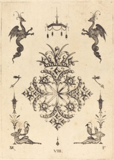 Brooch with Fantasy Animals at Top and Fauns with Vases at Bottom, 1596. Creator: Daniel Mignot.