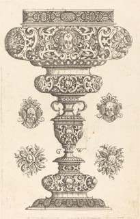 Goblet, rim decorated with masque and bouquet of fruit, published 1579. Creator: Georg Wechter I.