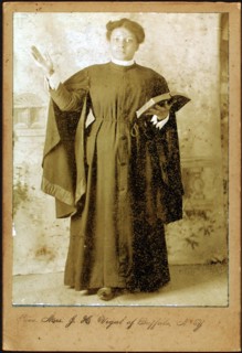 Rev. Mrs. J. H. Vigal of Buffalo, N.Y., arm raised, holding Bible, c1880-c1889. Creator: Unknown.