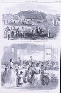 Noon at the Primary school (top) and Primary school for Freedmen..., 1866-06-23. Creator: Unknown.
