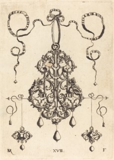 Strapwork Pendant with Two Square Tablestonesas Earrings at Left and Right. Creator: Daniel Mignot.