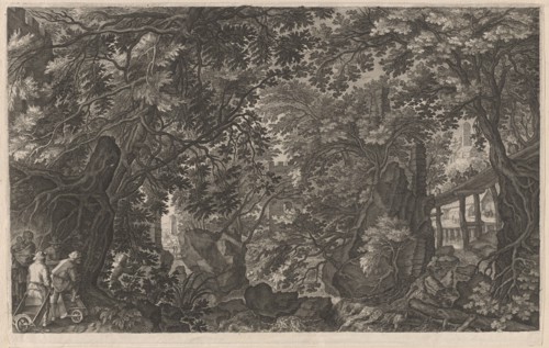 Hunters in a Forest near a Wooden Bridge, 1600/1615. Creators: Aegidius Sadeler II, Pieter Stevens.