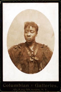 Woman wearing dress covered with lace across the bodice, c1890-c1899. Creator: Columbian Galleries.