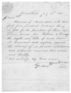 Bill of sale for 3 slaves sold to Jacob Adler in Jonesboro for $4500, 1863-07-25. Creator: Unknown.