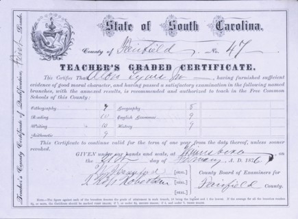 South Carolina Teacher's County Certificate of Qualification, First Grade, 1876.  Creator: Unknown.