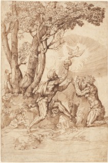 The Hermit Saints Paul and Anthony Receiving Bread from a Dove, 1530s. Creator: Domenico Campagnola.