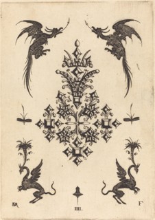 Brooch with Table-Stones, Winged Dragons at Top, and Griffins at Bottom, 1596. Creator: Daniel Mignot.