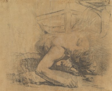 Man Reclining on the Ground and the Corner of a Bed [verso], 1758/1765. Creator: Jean-Baptiste Deshays.