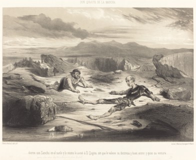 ...dieron con Sancho en el suelo y lo mismo le avinó d D. Quixote..., c. 1855. Creator: Célestin Nanteuil.