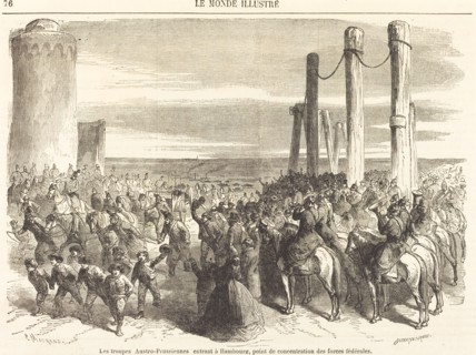 Les troupes Austro-Prussiennes entrant a Hambourg ... [top half], published 1864. Creator: Charles Maurand.