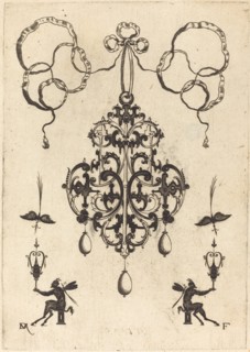 Large Pendant, Lower Left and Right Two Winged "Devils" Sitting on Pedestals, 1596. Creator: Daniel Mignot.